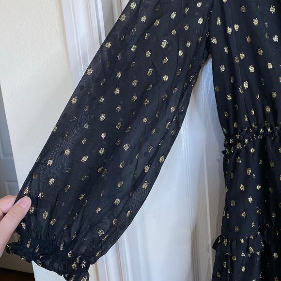 ANTHROPOLOGIE Current Air Ruffled Metallic Dot Mini Dress Black Gold Size Large - Picture 6 of 10